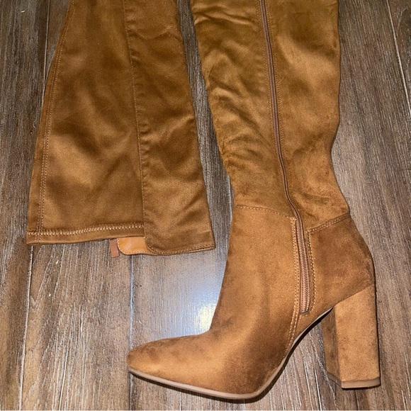 Knee High Tan Block Heel Boots Stretch Round Toe Soft Top Moda Women’s 6.5 - Picture 4 of 11